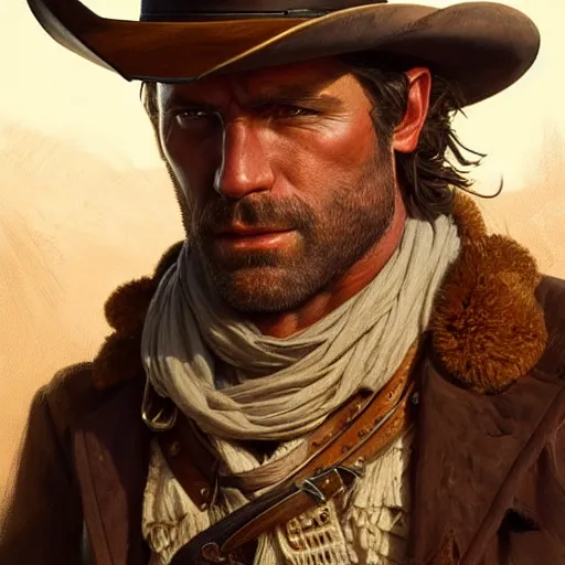 Image similar to portrait of Arthur Morgan, cowboy, hands, muscular, upper body, D&D, fantasy, wild west, old west, intricate, elegant, highly detailed, digital painting, artstation, concept art, smooth, sharp focus, illustration, art by Artgerm and Greg Rutkowski and Alphonse Mucha