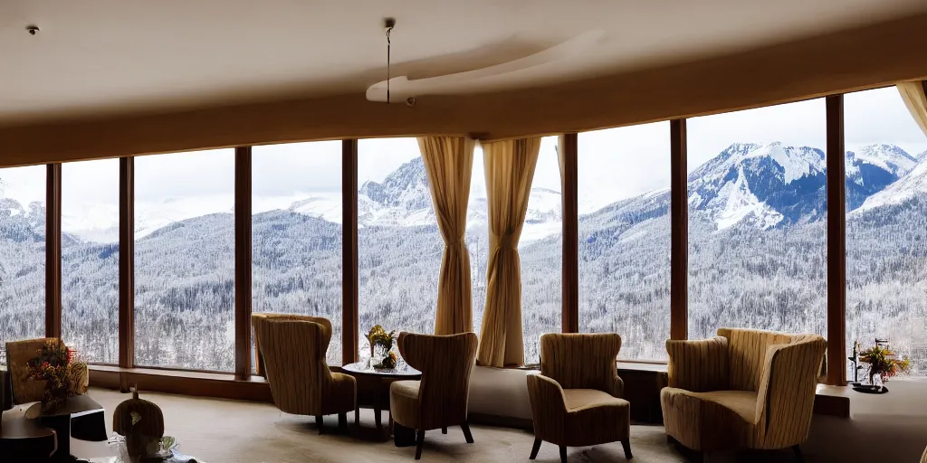Prompt: there is a huge floor - to - ceiling window in the hotel with snow - capped mountain ranges outside