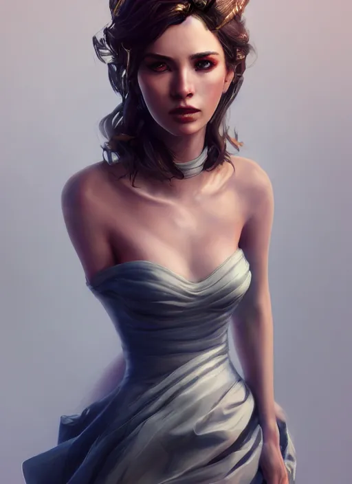 Image similar to beautiful fashion goddness, strapless dress, character portrait in the style of thomas river and artgerm, wlop, cinematic lighting, hyperdetailed, 8 k realistic, symmetrical, global illumination, radiant light, halo, love and mercy, frostbite 3 engine, cryengine, dof, trending on artstation, digital art, chanel