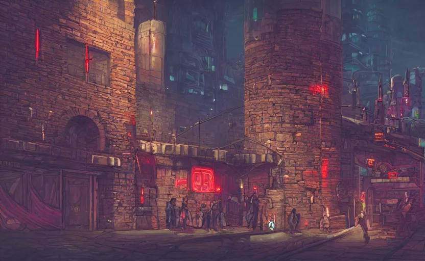 Prompt: a cyberpunk medieval castle, stone brick walls, neon lights, fantasy art, sci - fi, pedestrians