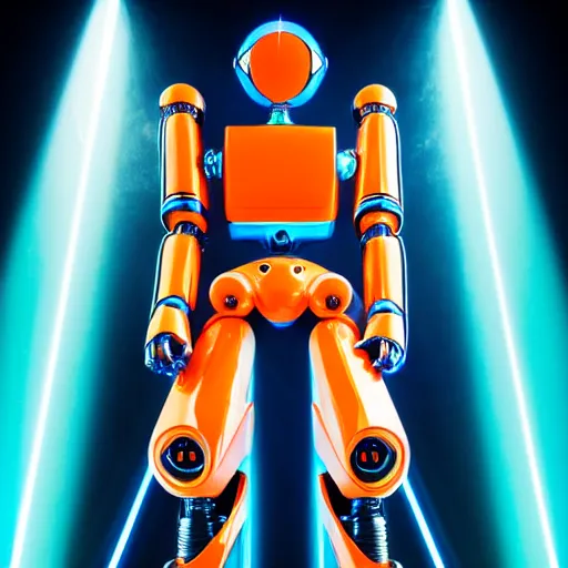 Prompt: a orange and blue shiny metallic robot in style of a bertone bolide with cyan glowing laser beams out of the eyes, insanely integrate details, cables out of the ears, sharp, frontshot, 8 k,