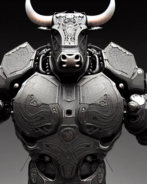 Prompt: a full body shot of an imposing cyborg bull modeled after a bull looking into the camera, contrast lighting, black skin!!!, intricate pattern, hard rubber chest, highly detailed, android, cyborg, full body shot, intricate, 3 d, symmetrical, octane render, fantasy, highly detailed, digital art, artstation, strong bokeh