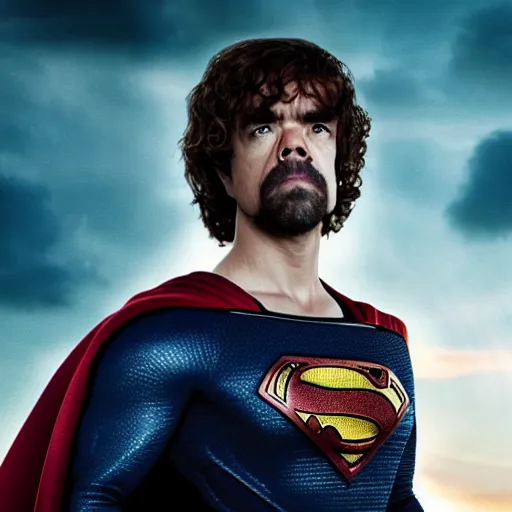 Image similar to stunning awe inspiring peter dinklage as superman, movie still 8 k hdr atmospheric lighting