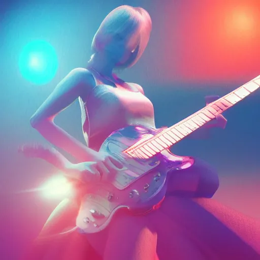 Image similar to women playing guitar, television sets in the background, artstation, details, volumetric light, futuristic, pastel