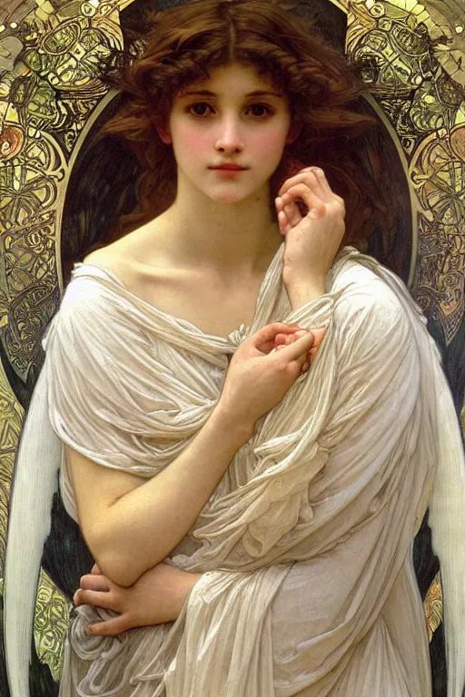 Image similar to portrait of a beautiful angel, intricate, elegant, highly detailed by alphonse mucha and william - adolphe bouguereau and john william waterhouse