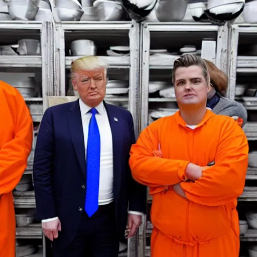 Prompt: “Matte Gaetz and Donald Trump in orange jump suits standing in line for prison food”