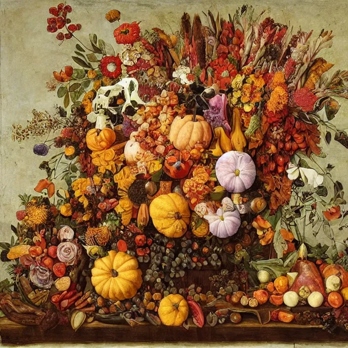 Image similar to thanksgiving supper, flowers and fruit on a wooden table, a still life by giuseppe arcimboldo, vanitas, pinterest, maximalist, intricate high detail masterpiece