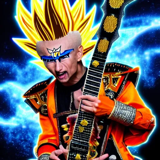 Prompt: uhd photorealistic detailed image of max voltage, the rock and roll emperor, dressed as super saiyan emperor, powering up, wearing extremely intricate rock and roll emperor costume and emperor makeup, with an emperor's electric guitar, by ayami kojima, amano, and karol bak