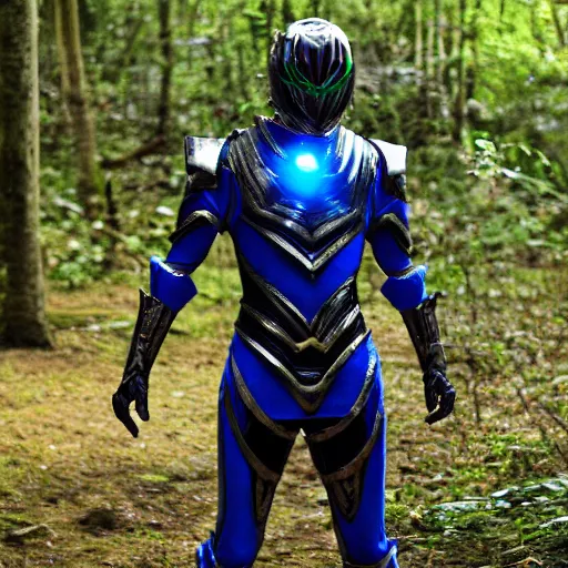 Image similar to High Fantasy Kamen Rider, glowing eyes, 4k, forest plains of north yorkshire, daytime, chainmail rubber undersuit, segmented armor, dark blue armor with green secondary color, tokusatsu