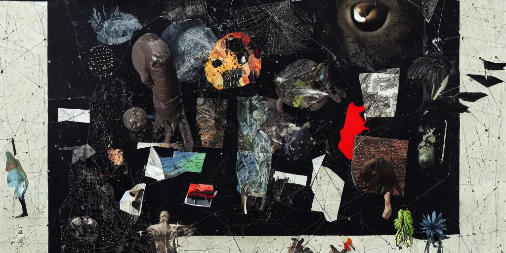 Image similar to rendered in blender artistic depiction of all life forms on earth, black background, collage paper and tape, acrylic on canvas, dadaism, high resolution, cinematic, unreal 6, breathtaking detailed, by ozdemir altan