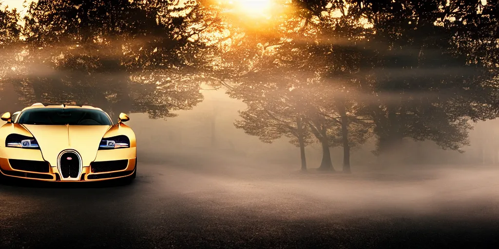 Image similar to parked Bugatti Veyron EB 16.4, environment reflected in the polished car, fog, rain, volumetric lighting, beautiful, golden hour, sharp focus, ultra detailed, cgsociety