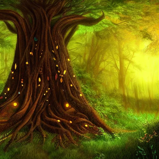 Image similar to Forest, giant tree in the center, glowing leaves, tree of life, masterpiece, 4k, digital art