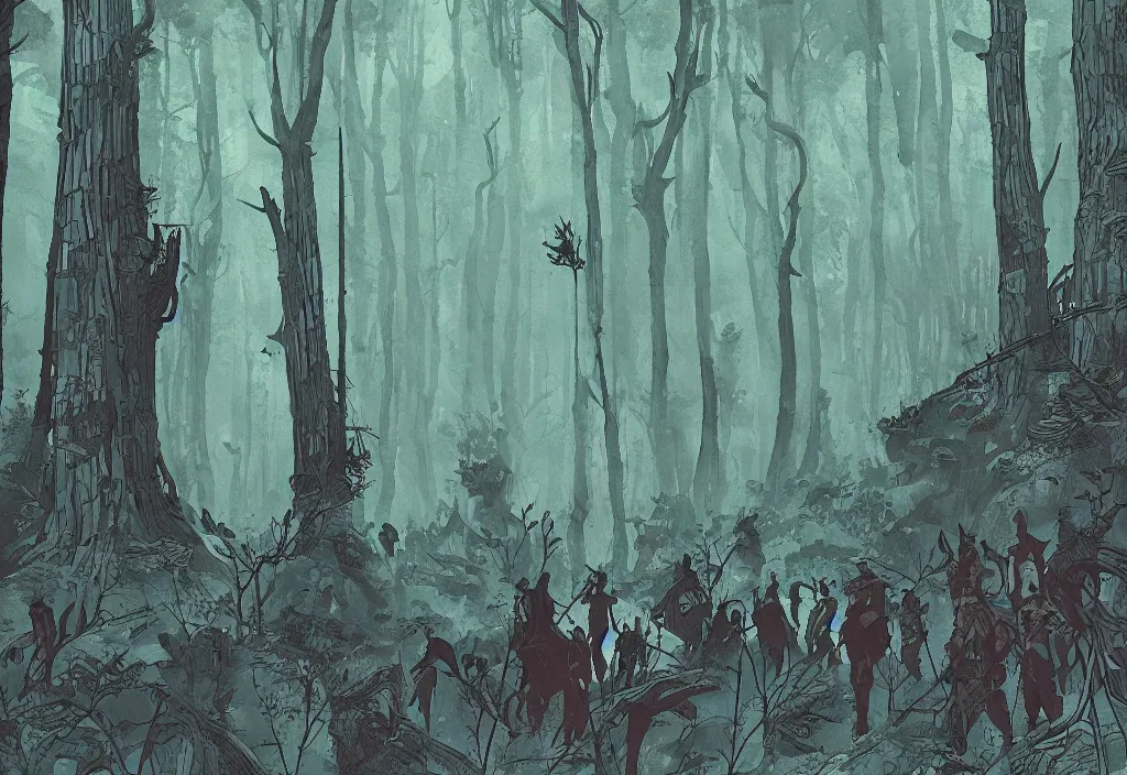 Image similar to handmade illustration of a big forest, line art, ink, some silhouetted medieval men among the trees, watercolor by Kilian Eng and by Jake Parker, winning-award masterpiece, fantastic, octane render, 8K HD Resolution, High quality image