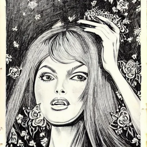 Prompt: 1 9 6 0 s drawing symmetrical pretty elegant brigitte bardot as a vampire with alain delon, very detailed intricate intaglio, style of takato yamamoto!!! lots of flowers