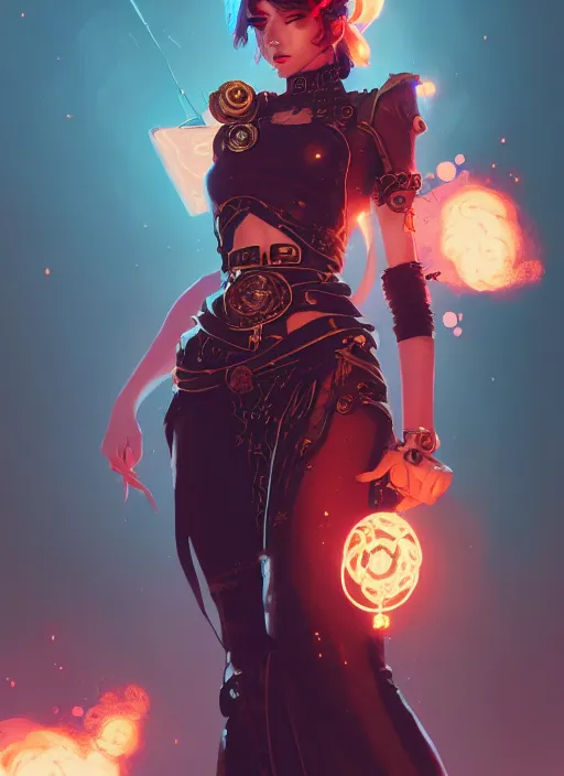 Image similar to a beautiful pyromancer princess, adorned with steampunk accessories, league of legends arcane, intricate, elegant, highly detailed, digital painting, artstation, concept art, smooth, sharp focus, cyberpunk synthwave, vaporwave, ethereal, misty, 8 k, by ruan jia and ilya kuvshinov