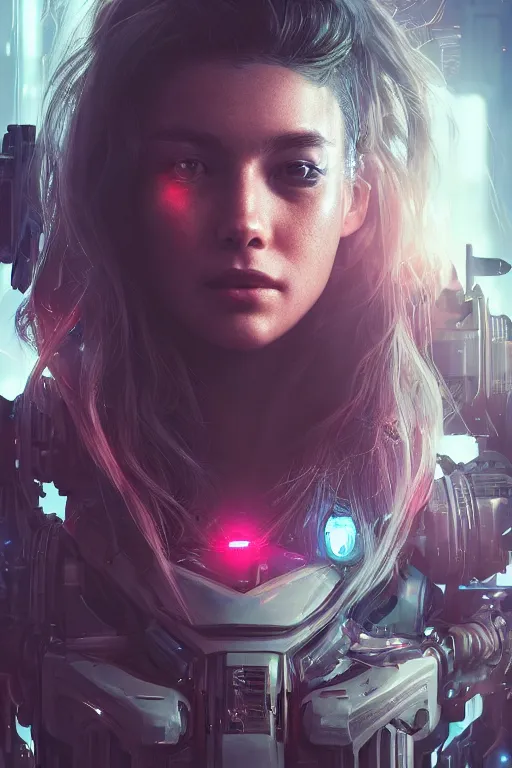 Image similar to beautiful close - up portrait of a cyborg mercenary girl, art by wlop and liam wong, cyberpunk, neon, combat armor, head and shoulders, long hair, intricate details, trending on artstation, sharp focus, caustics, octane render, radiant light, 4 k