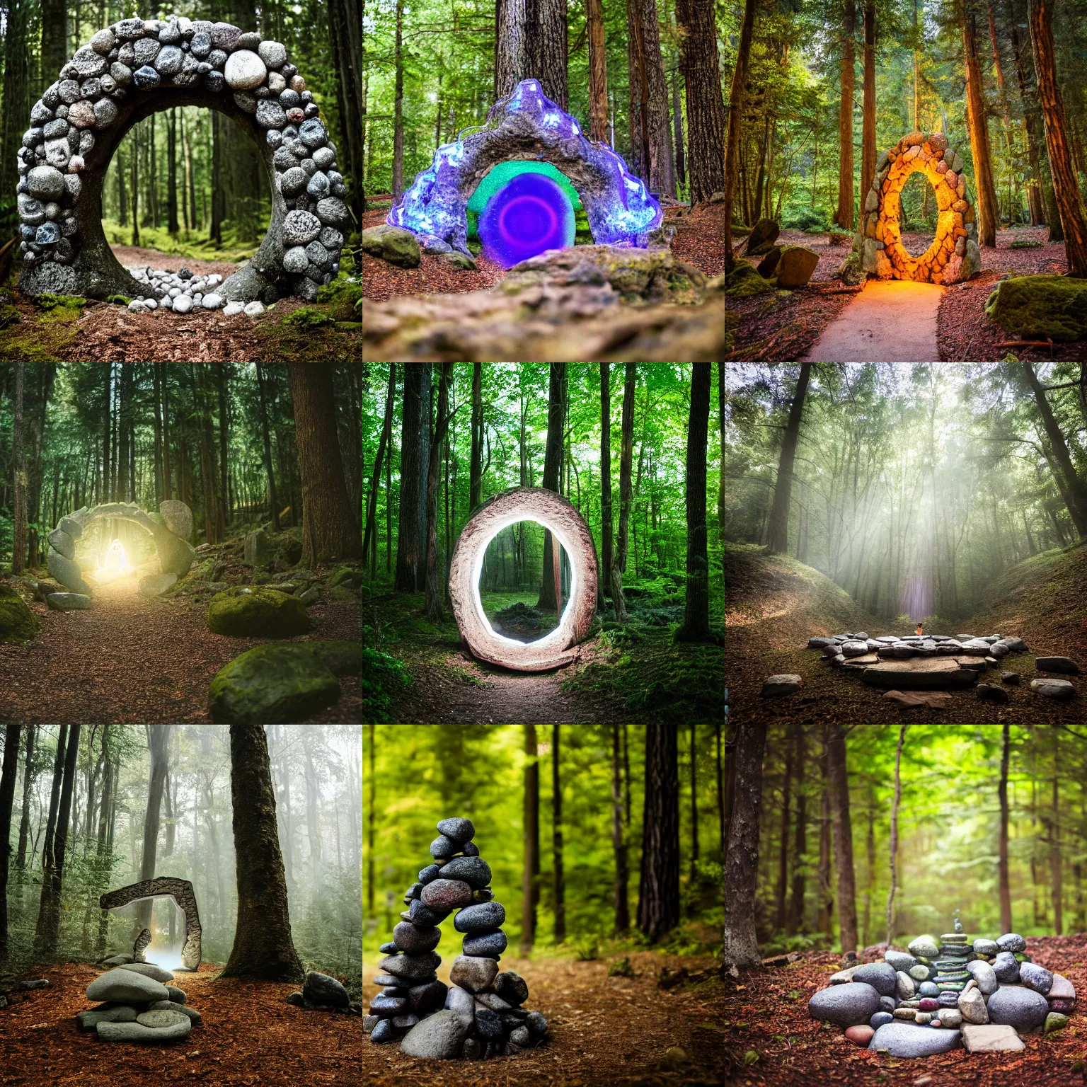 Prompt: Glowing magical portal to another dimension made of stones in the forest, taken with Sony a7R camera, EOS-1D, f/1.4, ISO 200, 1/160s, 8K, RAW, unedited, symmetrical balance, in-frame