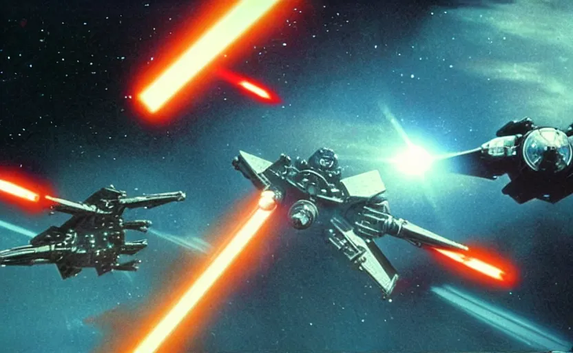 Image similar to iconic cinematic screen shot of scene x wing space battle against new tie fighter desing, from the action packed scene from the 1 9 7 0 s star wars sci fi film by stanley kubrick, glowing lasers, kodak film stock, anamorphic lenses 2 4 mm, lens flare, iconic cinematography, award winning