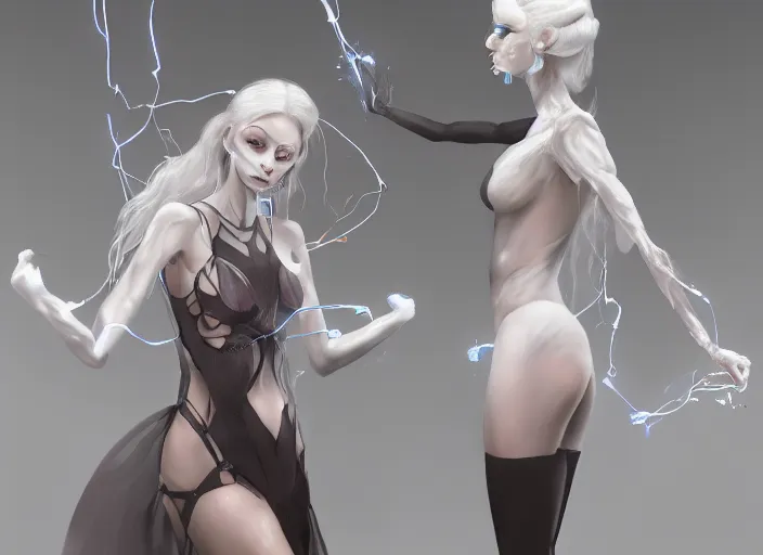 Prompt: mysterious fate girl with silk glowing white hair with glowing white stings coming out of her hands, she poses as a puppeteer with her hands infront of her concept art trending on artstation oilpaint portrait