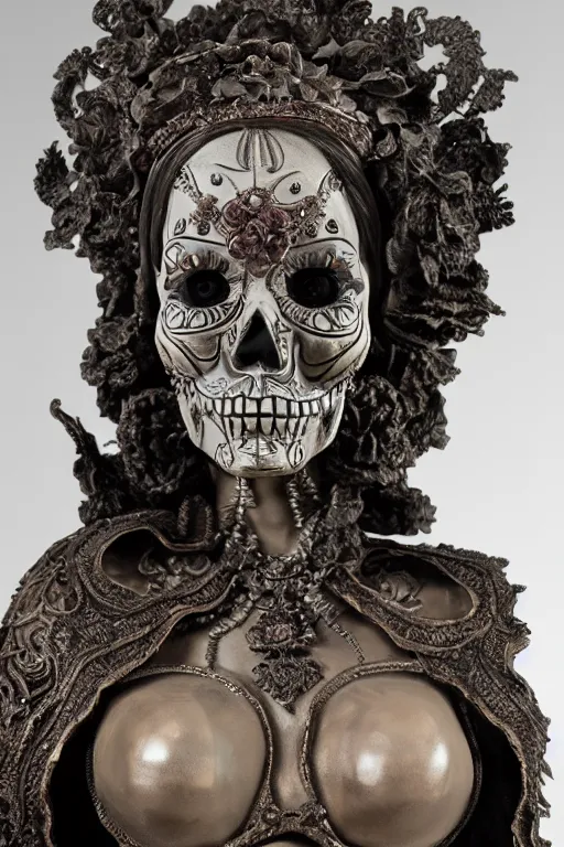 Image similar to full view of an intricate and detailed La Catrina statue made on polished bronze with scars sculpted by Bernini and Nicola Samori, style of Maxfield Parrish and Bastien Lecouffe-Deharme, ultra realistic, volumetric light