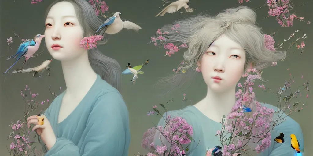 Prompt: breathtaking detailed concept art painting portrait in pastel colors of girls looks each other by hsiao - ron cheng with light blue flowers and birds in carroty hair, weird background with bizarre compositions blend of flowers and birds by john james audubon, john james audubon, exquisite detail, 8 k