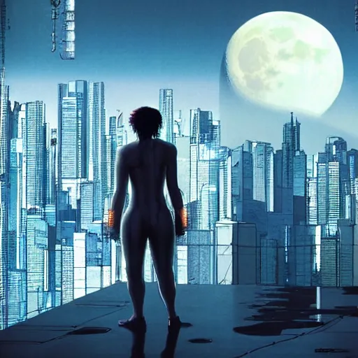 Prompt: ghost in the shell, high roof, moon