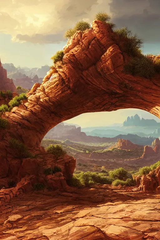 Image similar to beautiful utah desert, rock arcs, lush vegetation, landscape, alex ross, eddie mendoza, raphael lacoste, sebastian ludke, concept art, matte painting, highly detailed, rule of thirds, dynamic lighting, cinematic, detailed, magnificiant landscape, denoised, centerd