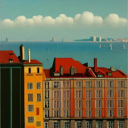 Prompt: Porto skyline, painting by rene magritte, high detail, high resolution