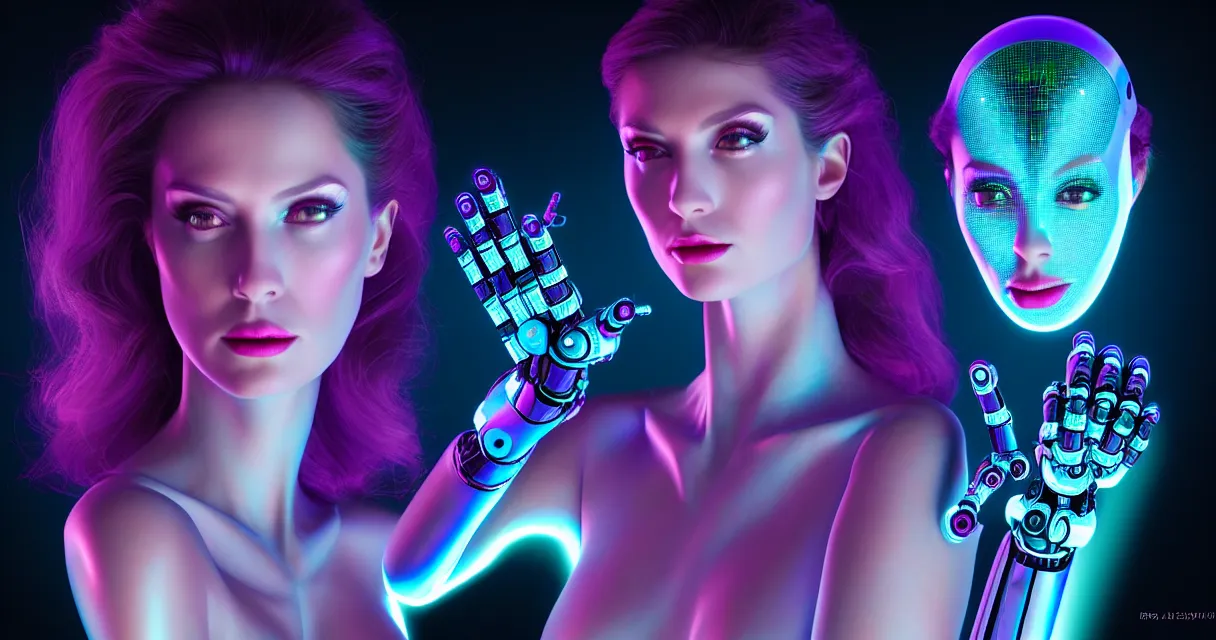 Prompt: beauty woman in holograms, with robotic arms, of alien artifacts, electrical case display, ultrarealistic, dramatic lighting, backlit, three point lighting, cables and wires, electrical details, high details, 4k, 8k, best, accurate, trending on artstation, artstation, photorealism, ultrarealistic, digital painting, style of Caravaggio, Boris Vallejo