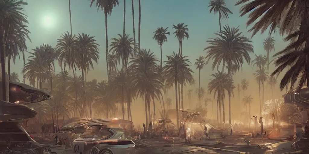 Image similar to Futuristic Marrakech, palm trees ,WLOP, James Jean, tom bagshaw, rococo, trending on artstation, fantasy, intricate, elegant, highly detailed, digital painting, concept art, smooth, illustration, cinematic lighting, hyper realism, octane render, 8k, hyper detailed.