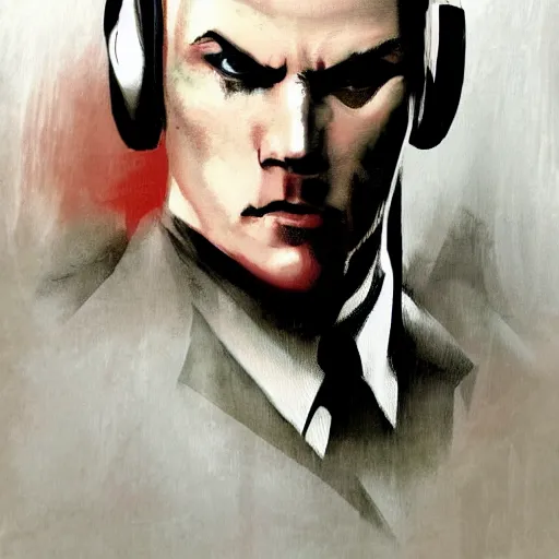 Image similar to a portrait of agent 4 7 from hitman wearing headphones, dark background, red rim light, digital art, artstation, art by yoji shinkawa