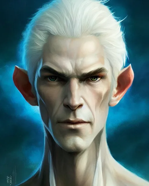 Image similar to character portrait of a slender half elven man with white hair, piercing blue eyes, and pale bluish skin, by greg rutkowski, mark brookes, jim burns, tom bagshaw, trending on artstation