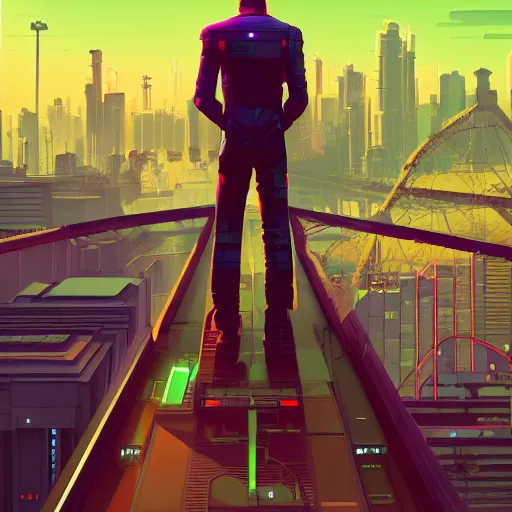 Image similar to a man standing on top of a bridge over a city, cyberpunk art by James Gilleard, cgsociety, retrofuturism, synthwave, cityscape, 2d game art