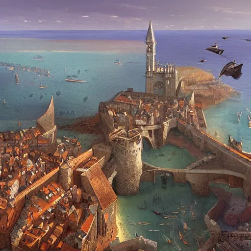 Prompt: Digital art of a large medieval coastal capital, bird's eye view drone Marc Simonetti