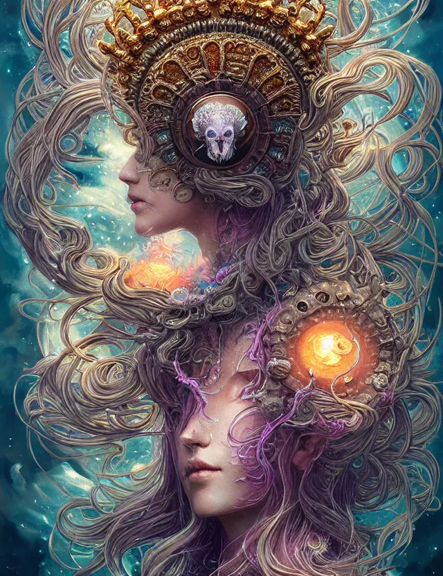 Prompt: goddess macro shouler portrait from bottom to top in crown made of ram skull. betta fish, jellyfish phoenix, bioluminiscent, plasma, ice, water, wind, creature, super intricate ornaments artwork by tooth wu and wlop and anato finnstark and greg rutkowski