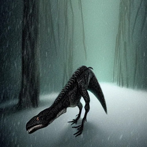 Prompt: Green Velociraptor with Black Stripes Walking through a Snowstorm, Paleoart, Digital Art on Artstation