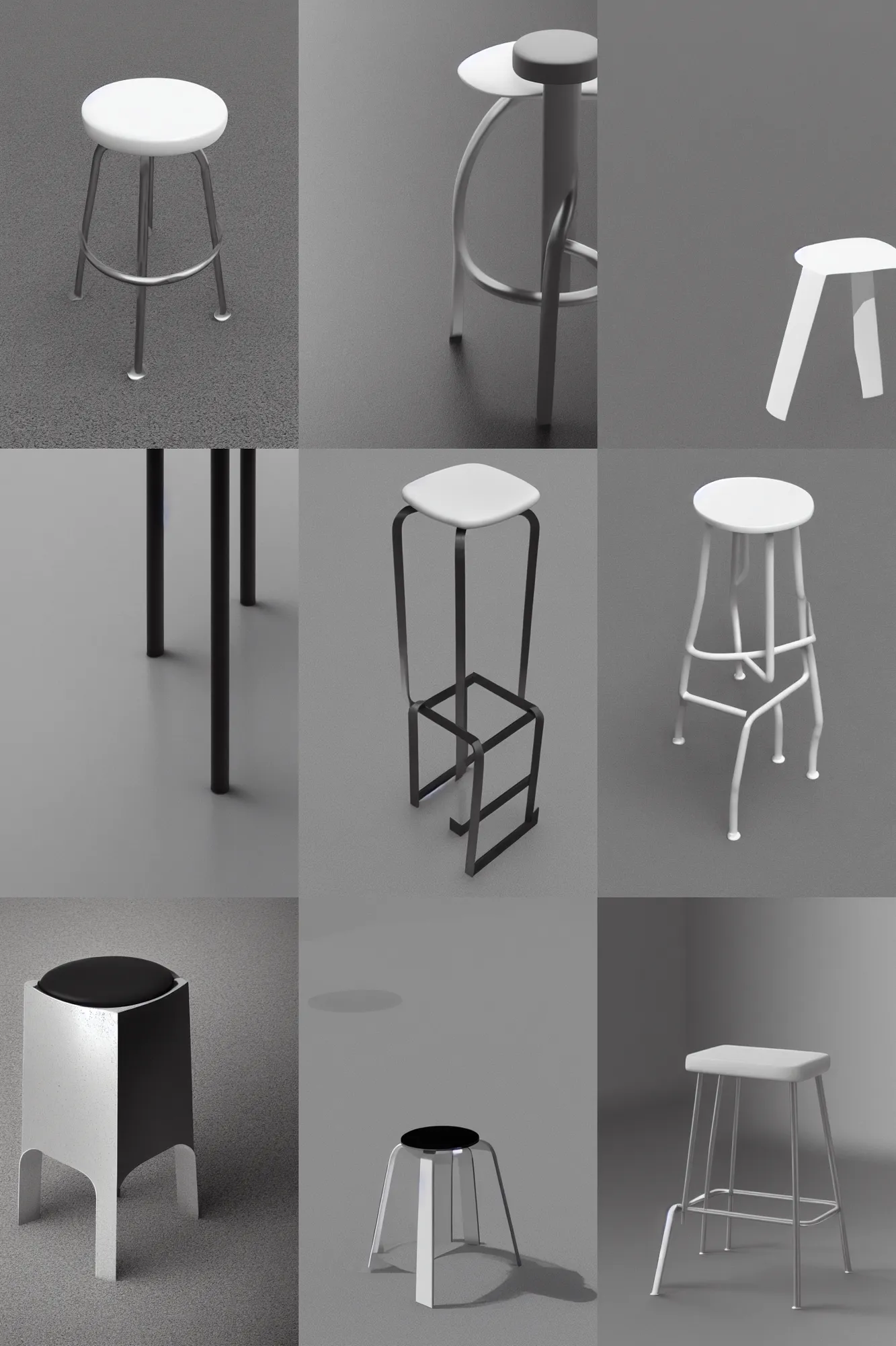 Prompt: realistic rendering for stool, brutalism style stool, material is glossy steel, white backround