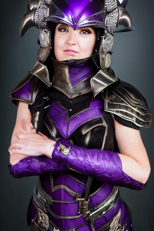 Prompt: close up headshot of a beautiful woman wearing black and purple armor and a elaborate helmet with spiral horns, cosplay, studio lighting