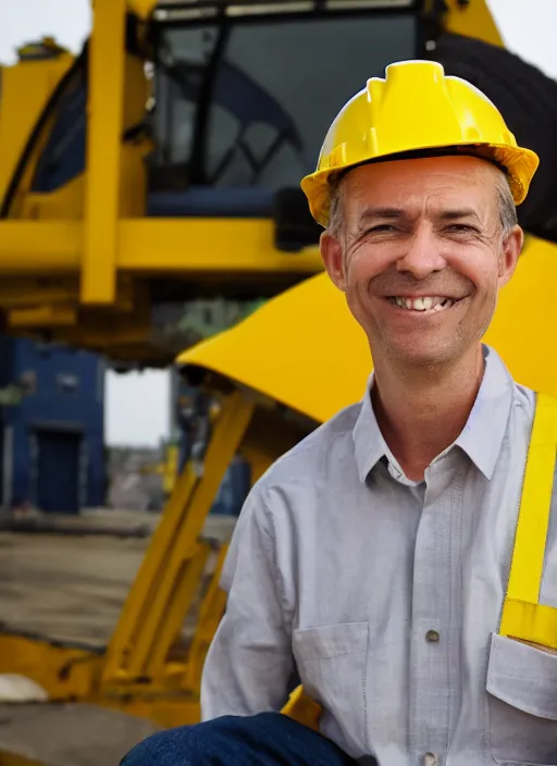 Image similar to closeup portrait of cheerful bryan operating a crane, sitting in a crane, yellow hardhat, sitting in a crane, natural light, bloom, detailed face, magazine, press, photo, steve mccurry, david lazar, canon, nikon, focus