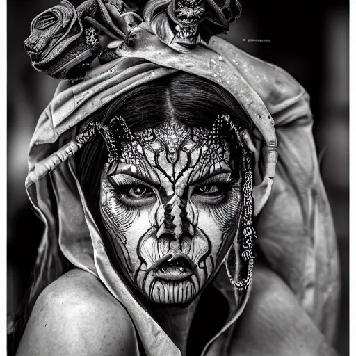 Prompt: gorgeous portrait of a demon woman, intricate detail and composition, highly symmetric, Leica Vario-Elmar-S 30-90mm f/3.5-5.6 ASPH