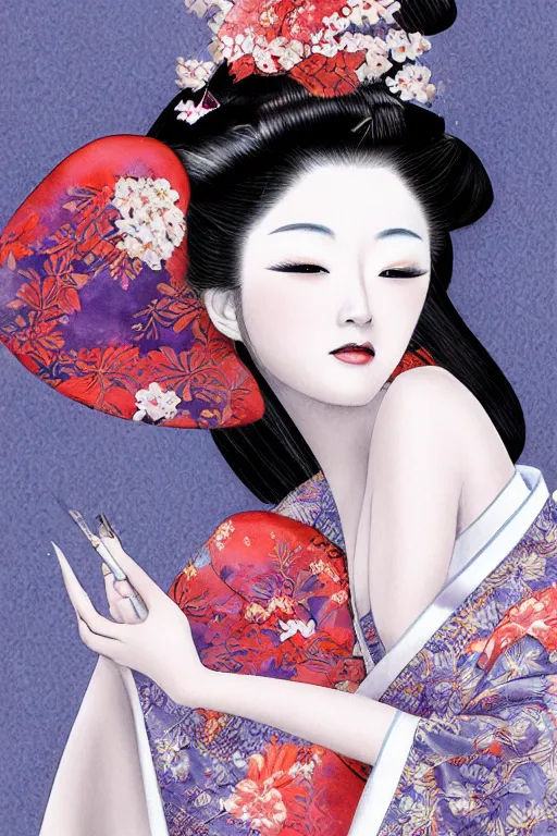 Image similar to sensual and very seductive geisha, digital art, 8k, character, realistic, portrait, photorealism, japan watercolour, masterpiece art