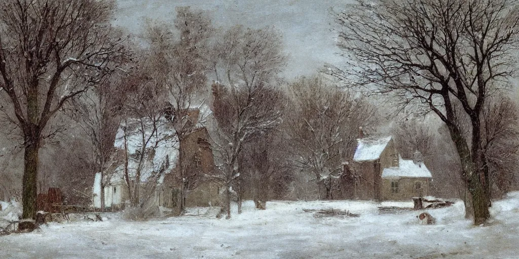 Image similar to a house during a severe winter, by george henry durrie, tree swaying, snow falling