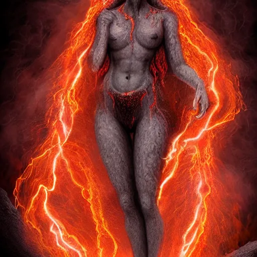 Prompt: a highly detailed full body of mythical female creature made of volcanic lava stones and magma with long hair of flames and beautiful eyes, red veins, intricate details, surreal, magical,