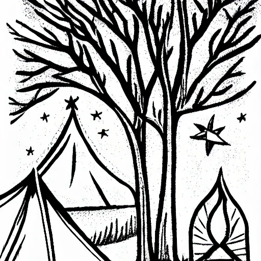 Image similar to simple line art tattoo design of a campsite, tent, trees, moon, fire, zaya, mük Jung