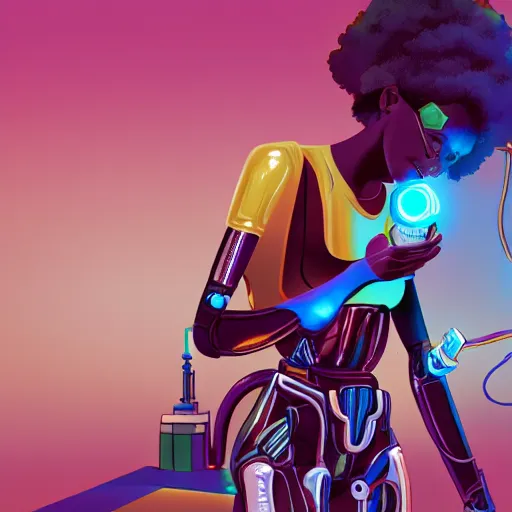 Image similar to a black girl fixing a robot, in the nature, mixing solarpunk, afropunk and cyberpunk technology and aesthetic ( ( ( ( volumetric light ) ) ) ), high angle, part by pearl fryar, part by prince damah, sunny day, trending on artstation, high detailed, cinematic view, illustration, painting.