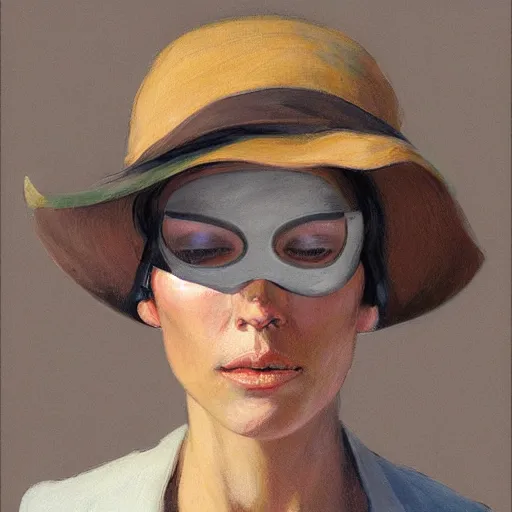 Image similar to frontal portrait of a woman with a hat that covers her eyes, by jon foster