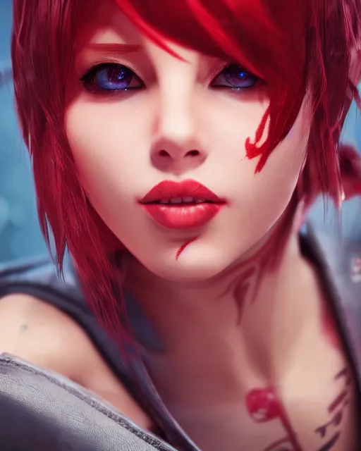 Image similar to a girl with short red hair, cool, vi from arcane, league of legends, fighter, cool red jacket, tattoo, beautiful, 3 d, potrait, art staion, studio light, closeup shot, octane render, wlop, realistic, neon