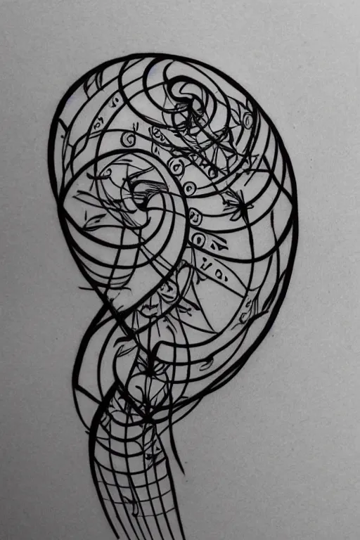 Image similar to a simple tattoo design of birds flying in spirals, black ink, logo