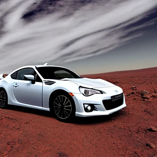 Image similar to a subaru brz, on the surface of mars, photography