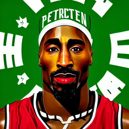 Image similar to portrait of tupac shakur, boston celtics jersey number 3 4, green, white, cartoon digital art, oil on canvas, trending on artstation, octane render